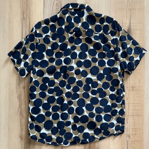 Denim and Flower Short Sleeve Button Up Polka Dot Shirt Medium Blue White Gold - Picture 6 of 6